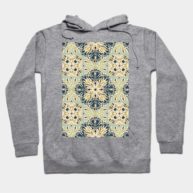 Protea Pattern in Deep Teal, Cream, Sage Green & Yellow Ochre Hoodie by micklyn